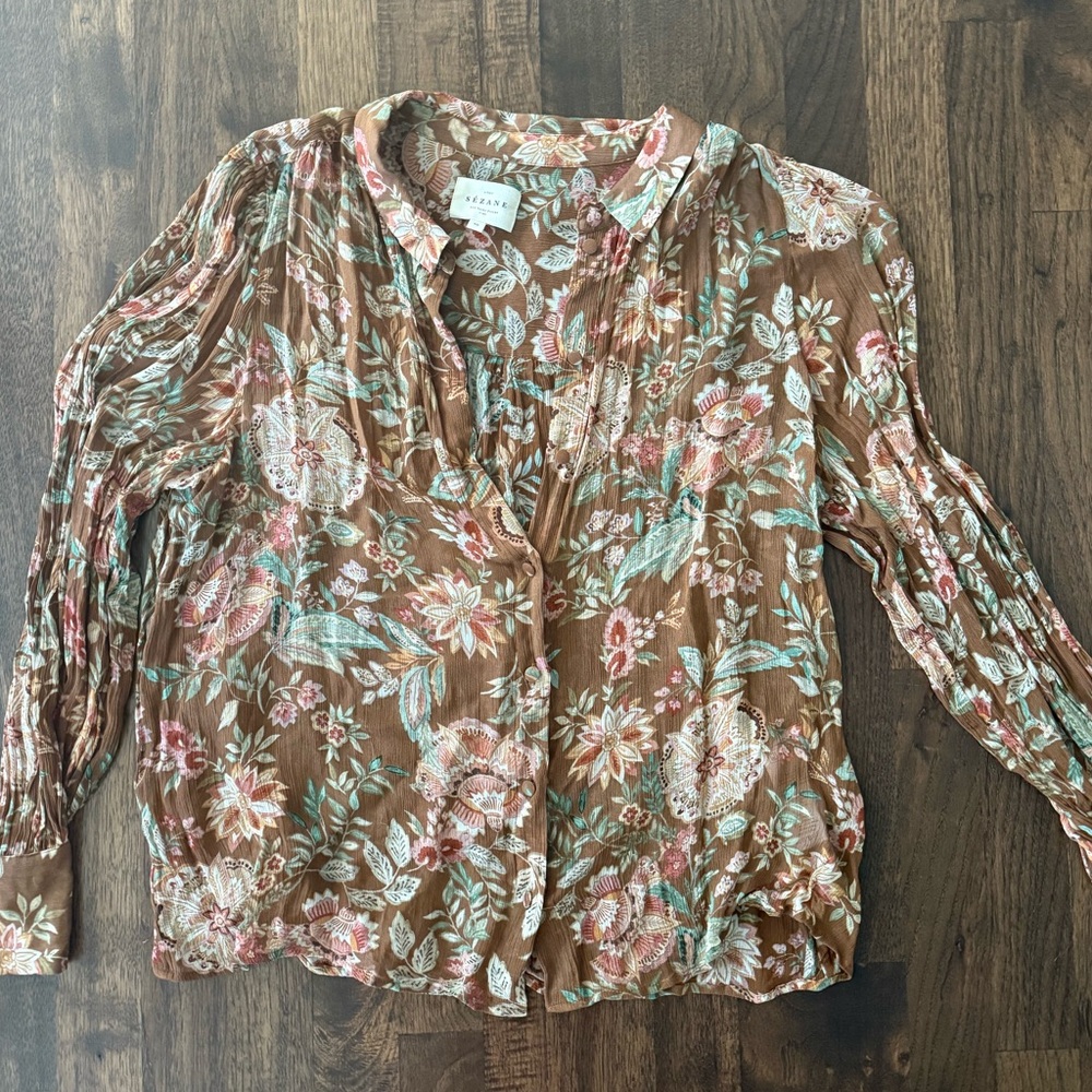 Sezane Fall colors long Sleeve Blouse with Bib Collar